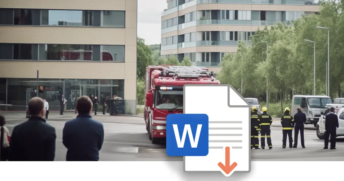 En brandbil utanför ett kontor - Ladda ner mall för Policy och krisplan, krishantering och första hjälpen